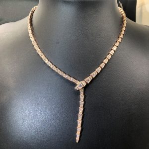 Bulgari Serpenti Viper 18k Rose Gold 8.21ct Full Pave Diamond Snake Necklace