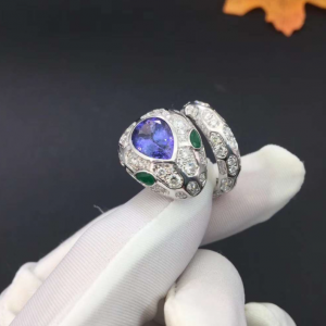 Bvlgari Serpenti 18k White Gold Blue Sapphire, Emerald Eyes & Pavé Diamonds Ring