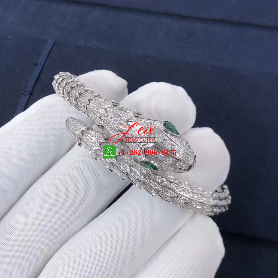 Bvlgari Serpenti 18k White Gold Pave Diamond & Emerald Eyes Bracelet (1) Bvlgari Serpenti 18k White Gold Pave Diamond & Emerald Eyes Bracelet