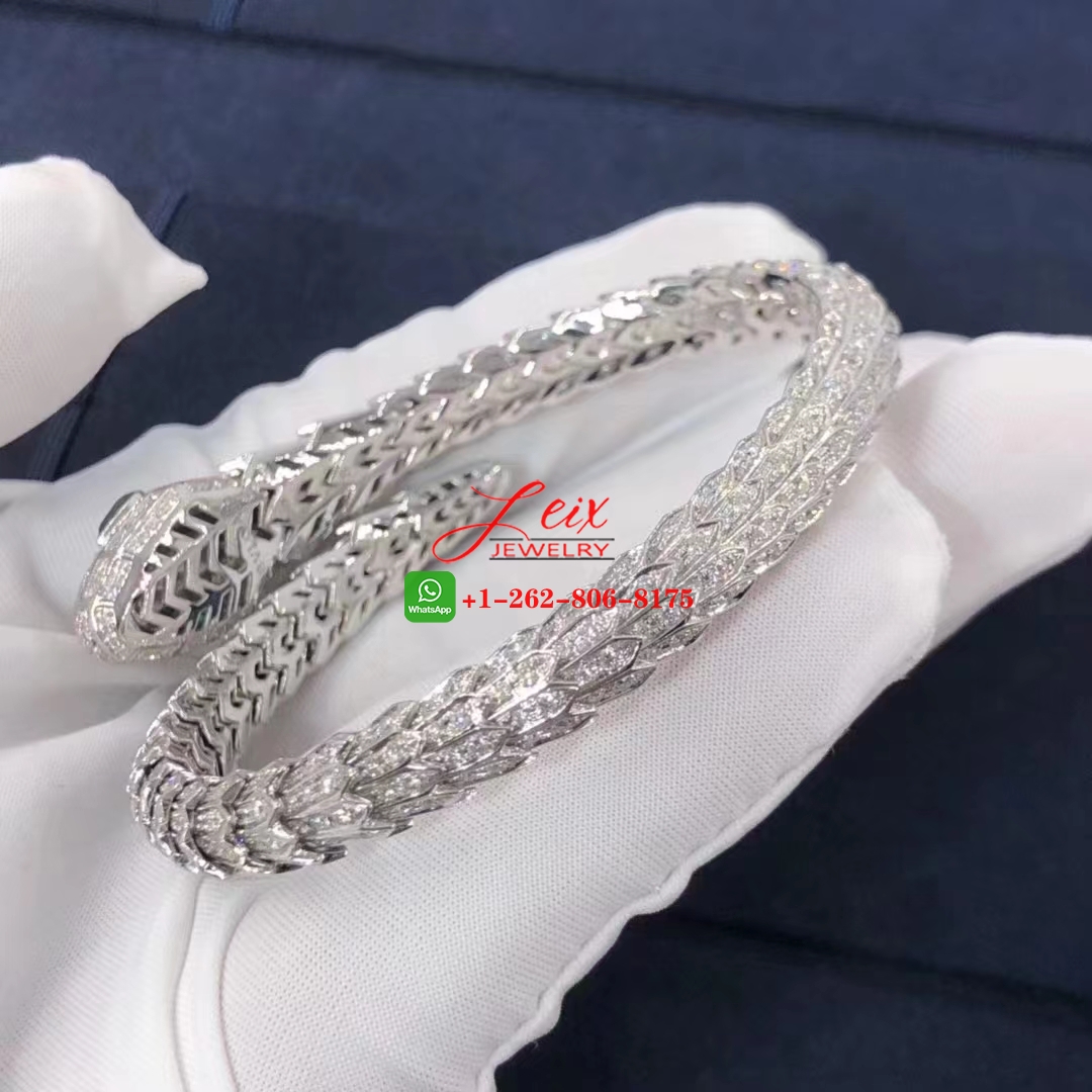 Bvlgari Serpenti 18k White Gold Pave Diamond & Emerald Eyes Bracelet (2) Bvlgari Serpenti 18k White Gold Pave Diamond & Emerald Eyes Bracelet