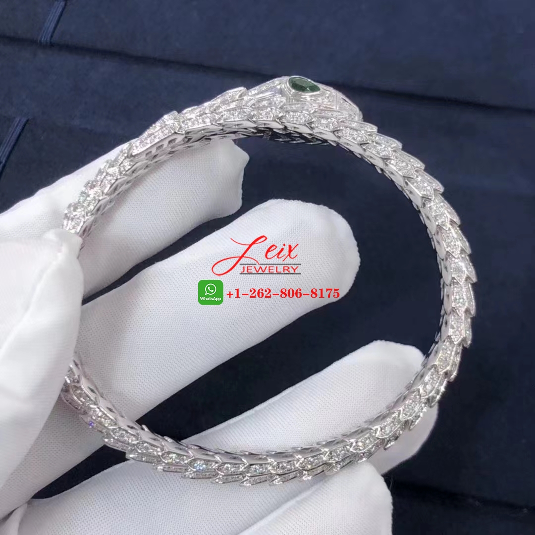 Bvlgari Serpenti 18k White Gold Pave Diamond & Emerald Eyes Bracelet (3) Bvlgari Serpenti 18k White Gold Pave Diamond & Emerald Eyes Bracelet