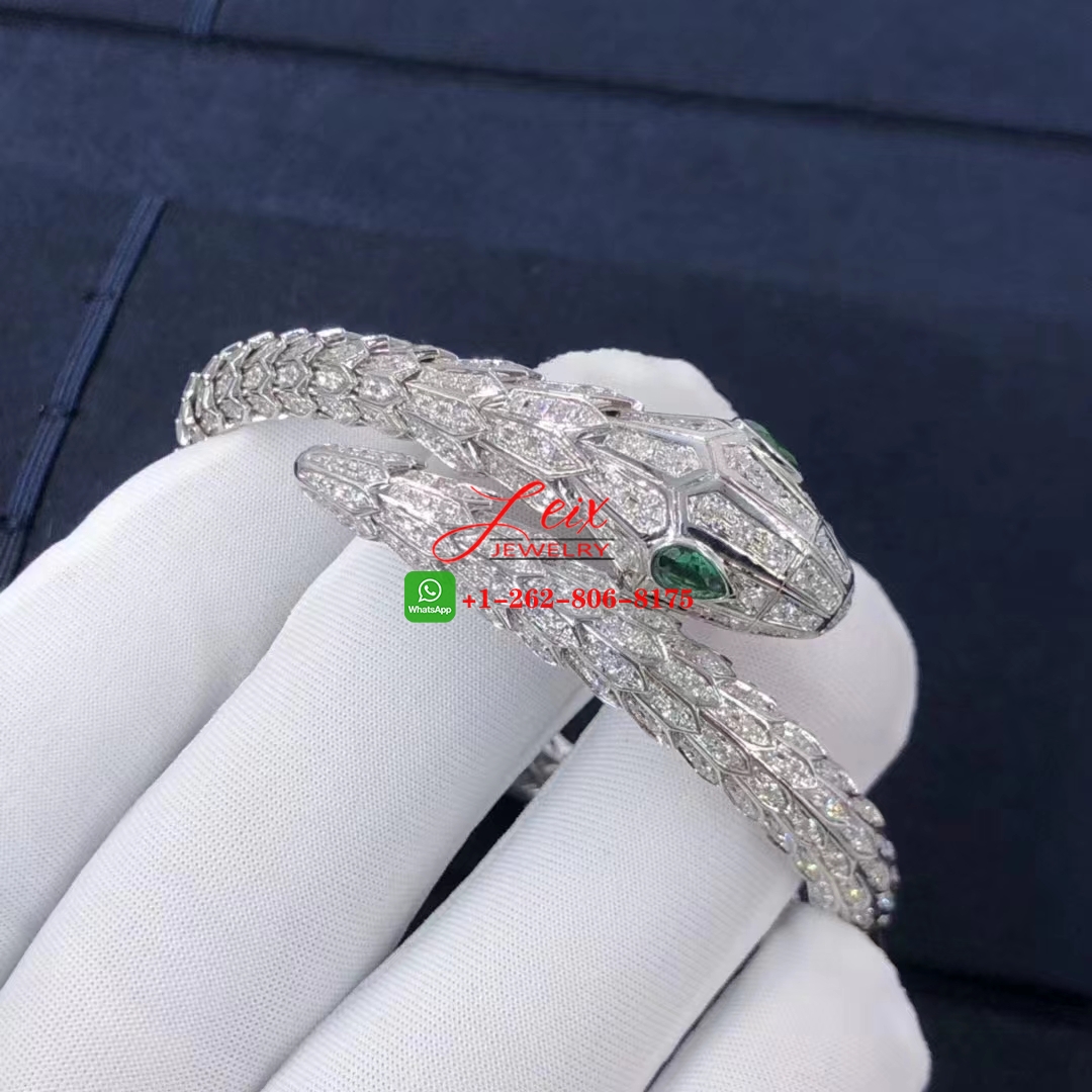 Bvlgari Serpenti 18k White Gold Pave Diamond & Emerald Eyes Bracelet (4) Bvlgari Serpenti 18k White Gold Pave Diamond & Emerald Eyes Bracelet
