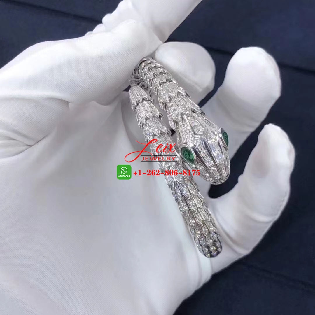 Bvlgari Serpenti 18k White Gold Pave Diamond & Emerald Eyes Bracelet (5) Bvlgari Serpenti 18k White Gold Pave Diamond & Emerald Eyes Bracelet