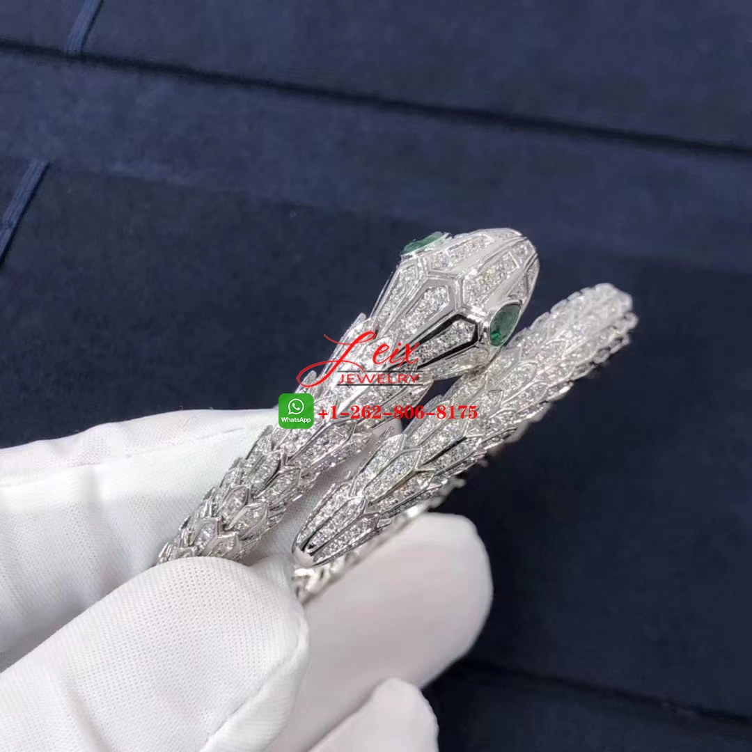 Bvlgari Serpenti 18k White Gold Pave Diamond & Emerald Eyes Bracelet (6) Bvlgari Serpenti 18k White Gold Pave Diamond & Emerald Eyes Bracelet