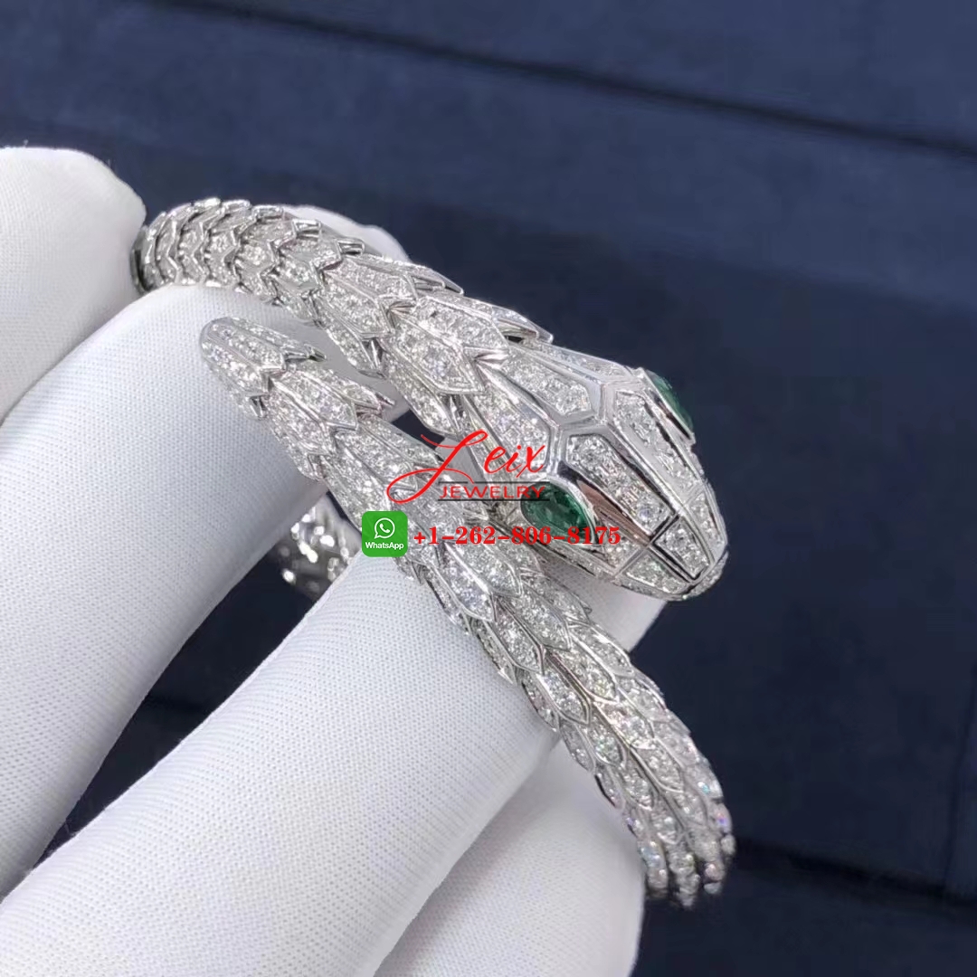 Bvlgari Serpenti 18k White Gold Pave Diamond & Emerald Eyes Bracelet (8) Bvlgari Serpenti 18k White Gold Pave Diamond & Emerald Eyes Bracelet