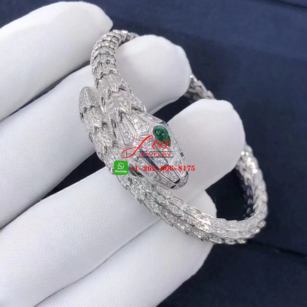 Bvlgari Serpenti 18k White Gold Pave Diamond & Emerald Eyes Bracelet Bvlgari Serpenti 18k White Gold Pave Diamond & Emerald Eyes Bracelet