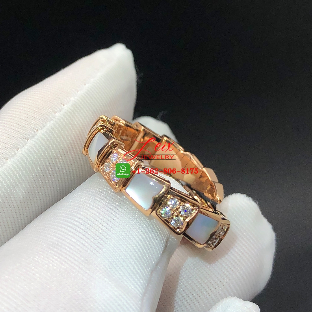 Bvlgari Serpenti Viper 18k Rose Gold Diamond & Mother of Pearl One-coil Snake Ring (2) Bvlgari Serpenti Viper 18k Rose Gold Diamond & Mother of Pearl One-coil Snake Ring