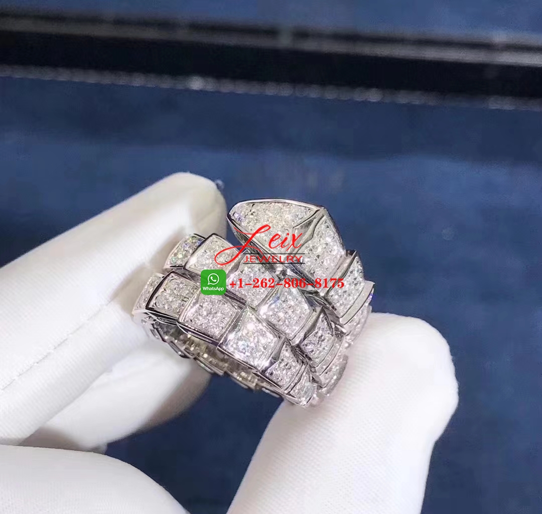 Bvlgari Serpenti Viper Two-Coil 18K White Gold Full Diamond Paved Ring (1) Bvlgari Serpenti Viper Two-Coil 18K White Gold Full Diamond Paved Ring