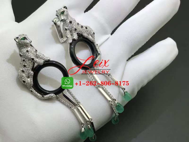 Cartier 18k White Gold Diamond & Emeralds, Onyx Panthere de Cartier Tassel Earrings (1) Cartier 18k White Gold Diamond & Emeralds, Onyx Panthere de Cartier Tassel Earrings