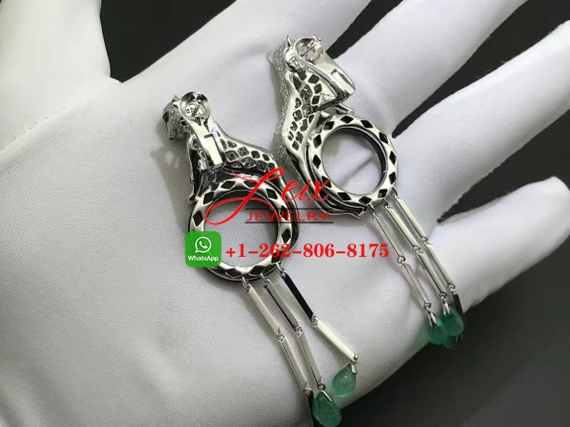 Cartier 18k White Gold Diamond & Emeralds, Onyx Panthere de Cartier Tassel Earrings (2) Cartier 18k White Gold Diamond & Emeralds, Onyx Panthere de Cartier Tassel Earrings