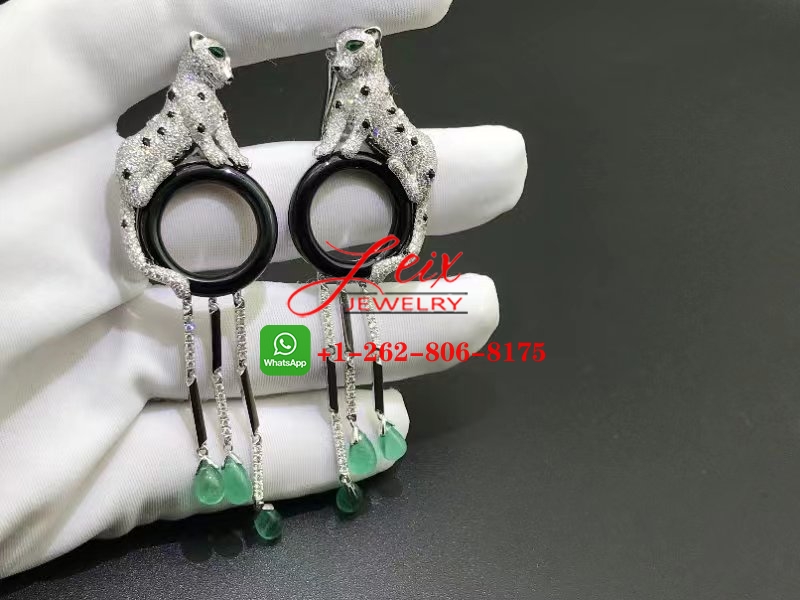 Cartier 18k White Gold Diamond & Emeralds, Onyx Panthere de Cartier Tassel Earrings Cartier 18k White Gold Diamond & Emeralds, Onyx Panthere de Cartier Tassel Earrings
