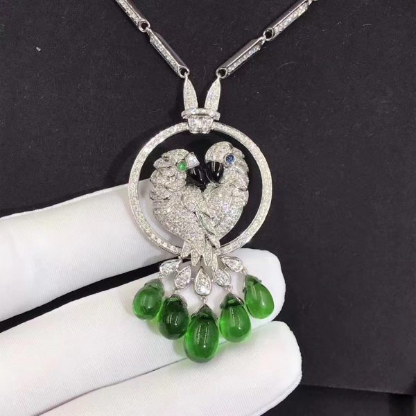 Cartier 18k White Gold Les Oiseaux Liberes Emeralds & 6.49ct Diamond Parrots Necklace