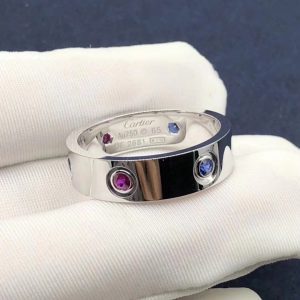 Cartier 18k White Gold Multicolor Gemstones 5.5MM Band Love Ring