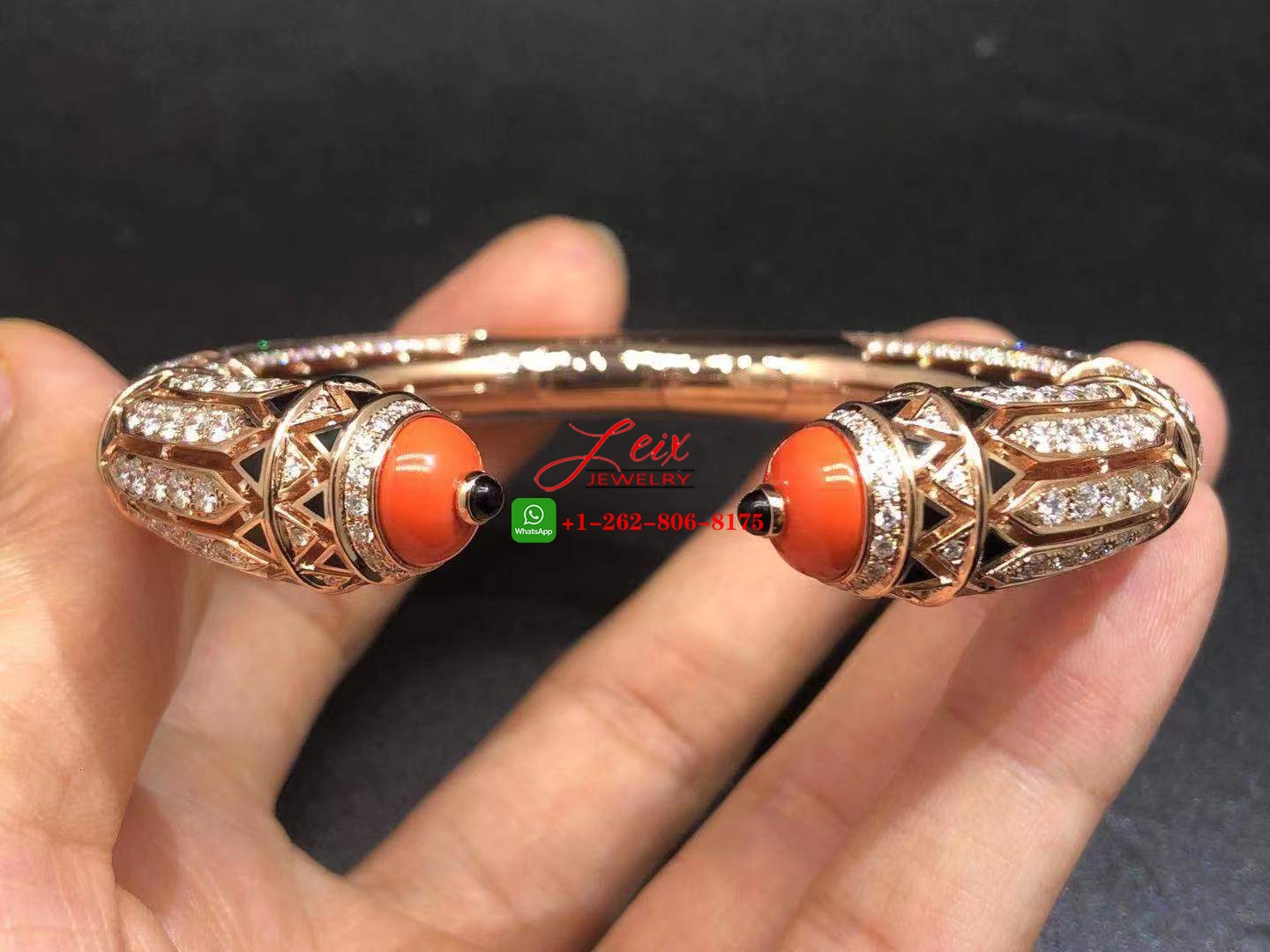 Cartier Art-Déco Inspired 18k Rose Gold 12.73ct Diamond, Coral, Black Lacquer & Onyx High Jewelry Bracelet (1) Cartier Art-Déco Inspired 18k Rose Gold 12.73ct Diamond, Coral, Black Lacquer & Onyx High Jewelry Bracelet