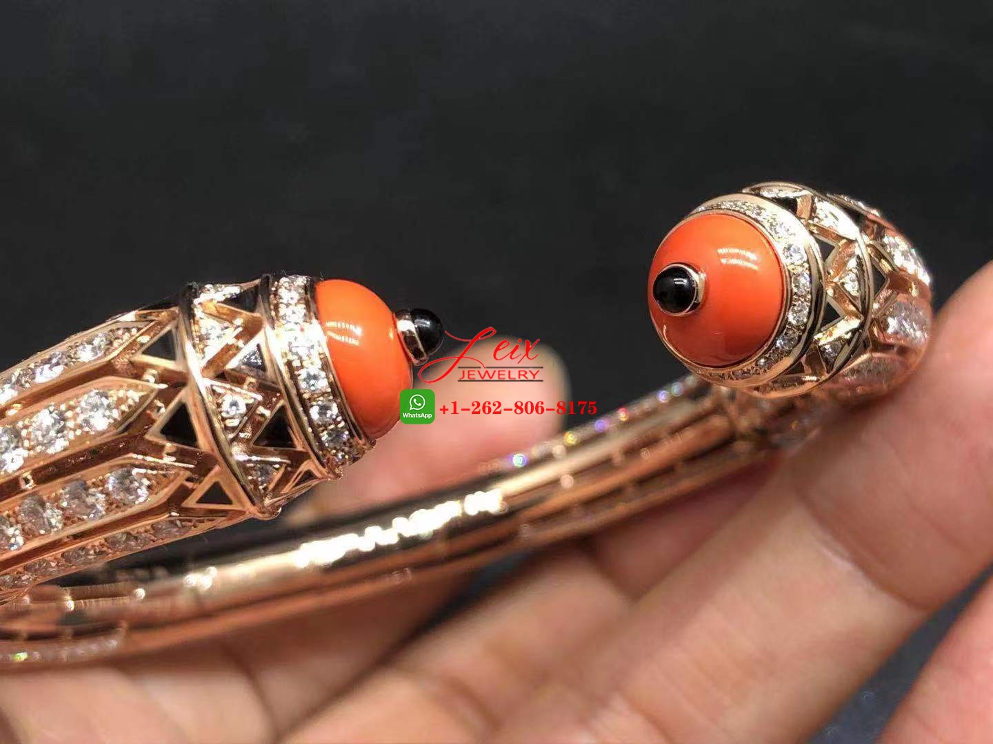 Cartier Art-Déco Inspired 18k Rose Gold 12.73ct Diamond, Coral, Black Lacquer & Onyx High Jewelry Bracelet (4) Cartier Art-Déco Inspired 18k Rose Gold 12.73ct Diamond, Coral, Black Lacquer & Onyx High Jewelry Bracelet