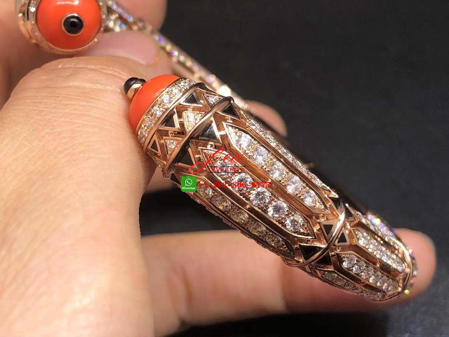 Cartier Art-Déco Inspired 18k Rose Gold 12.73ct Diamond, Coral, Black Lacquer & Onyx High Jewelry Bracelet (6) Cartier Art-Déco Inspired 18k Rose Gold 12.73ct Diamond, Coral, Black Lacquer & Onyx High Jewelry Bracelet