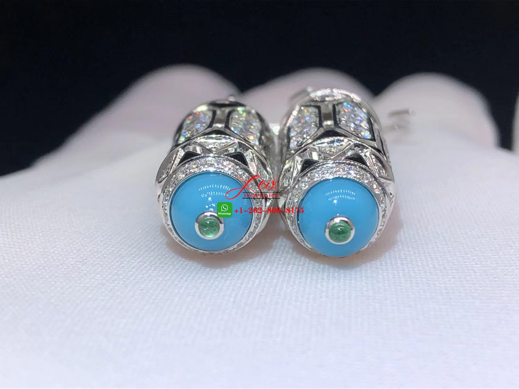 Cartier Art-Deco Inspired 3.93ct Diamond, Turquoise & Emerald Cabochons High Jewelry Earrings (1) Cartier Art-Deco Inspired 3.93ct Diamond, Turquoise & Emerald Cabochons High Jewelry Earrings