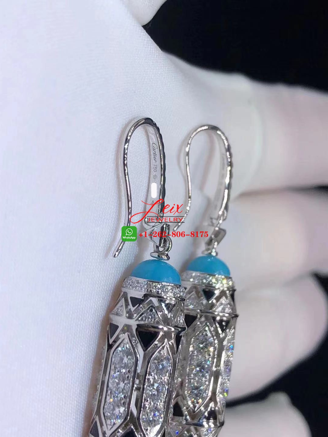 Cartier Art-Deco Inspired 3.93ct Diamond, Turquoise & Emerald Cabochons High Jewelry Earrings (4) Cartier Art-Deco Inspired 3.93ct Diamond, Turquoise & Emerald Cabochons High Jewelry Earrings