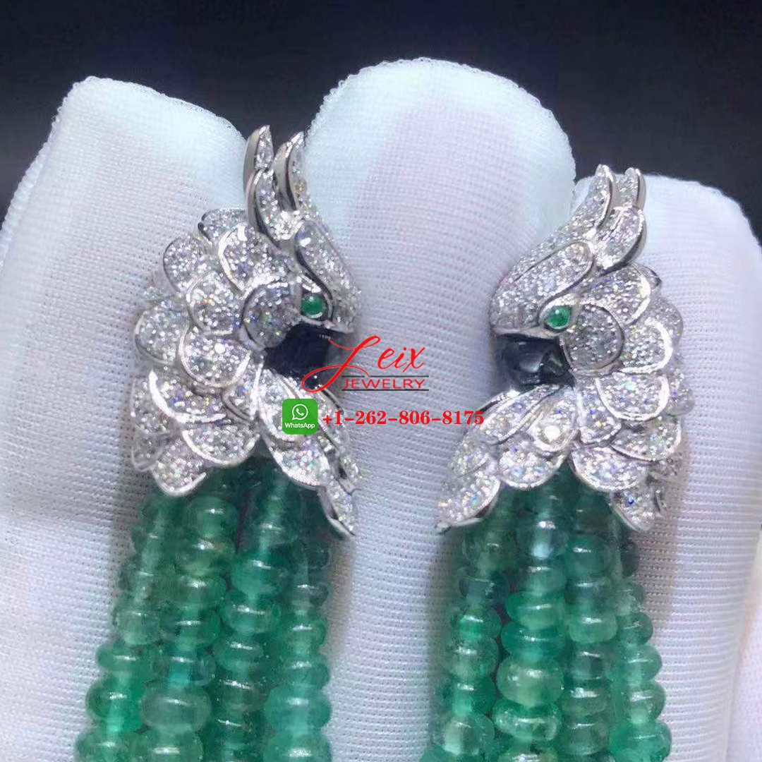 Cartier Les Oiseaux Liberes 18k White Gold Diamond Paved & Emeralds Parrot Tassels Earrings (1) Cartier Les Oiseaux Liberes 18k White Gold Diamond Paved & Emeralds Parrot Tassels Earrings