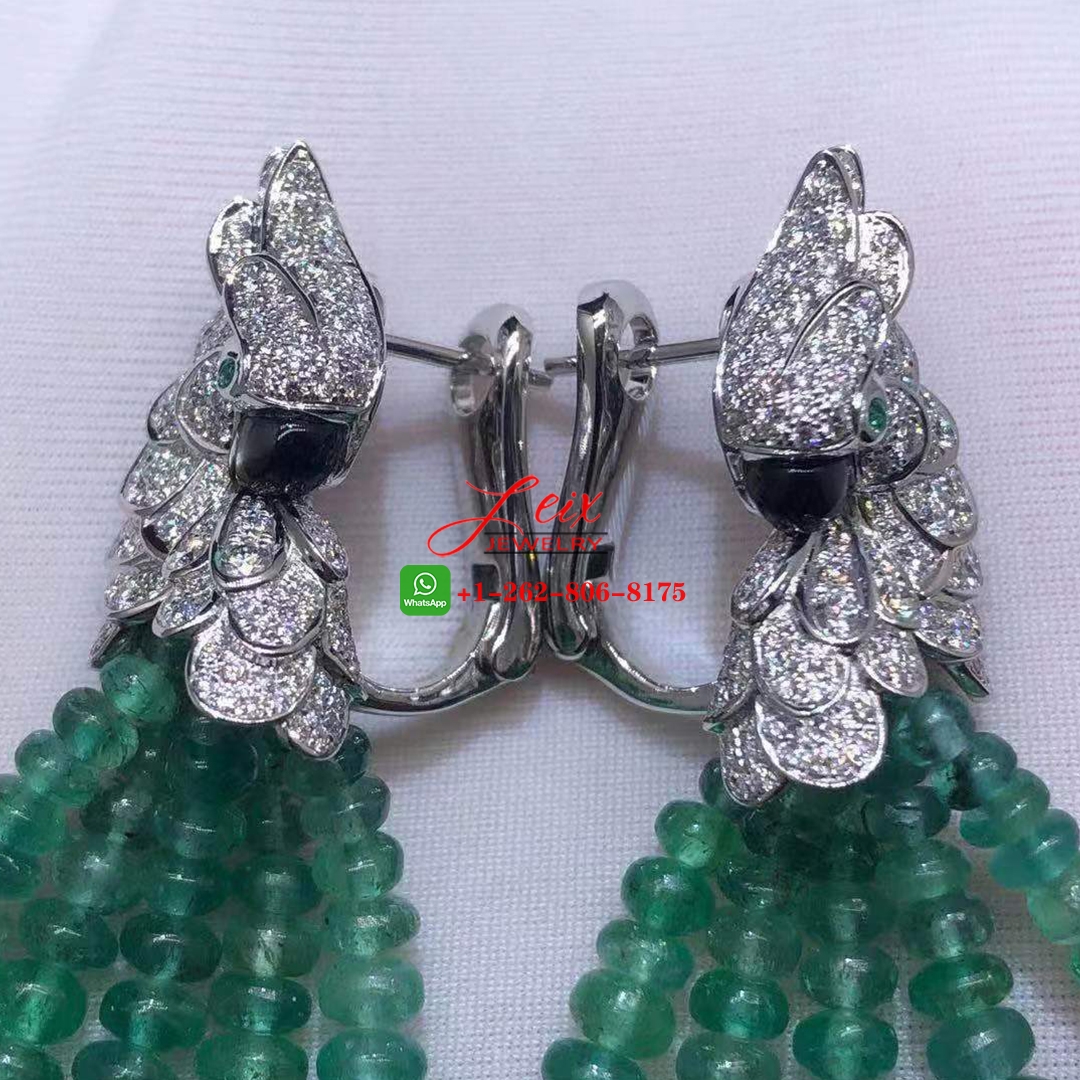 Cartier Les Oiseaux Liberes 18k White Gold Diamond Paved & Emeralds Parrot Tassels Earrings (2) Cartier Les Oiseaux Liberes 18k White Gold Diamond Paved & Emeralds Parrot Tassels Earrings