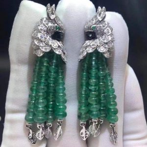 Cartier Les Oiseaux Liberes 18k White Gold Diamond Paved & Emeralds Parrot Tassels Earrings
