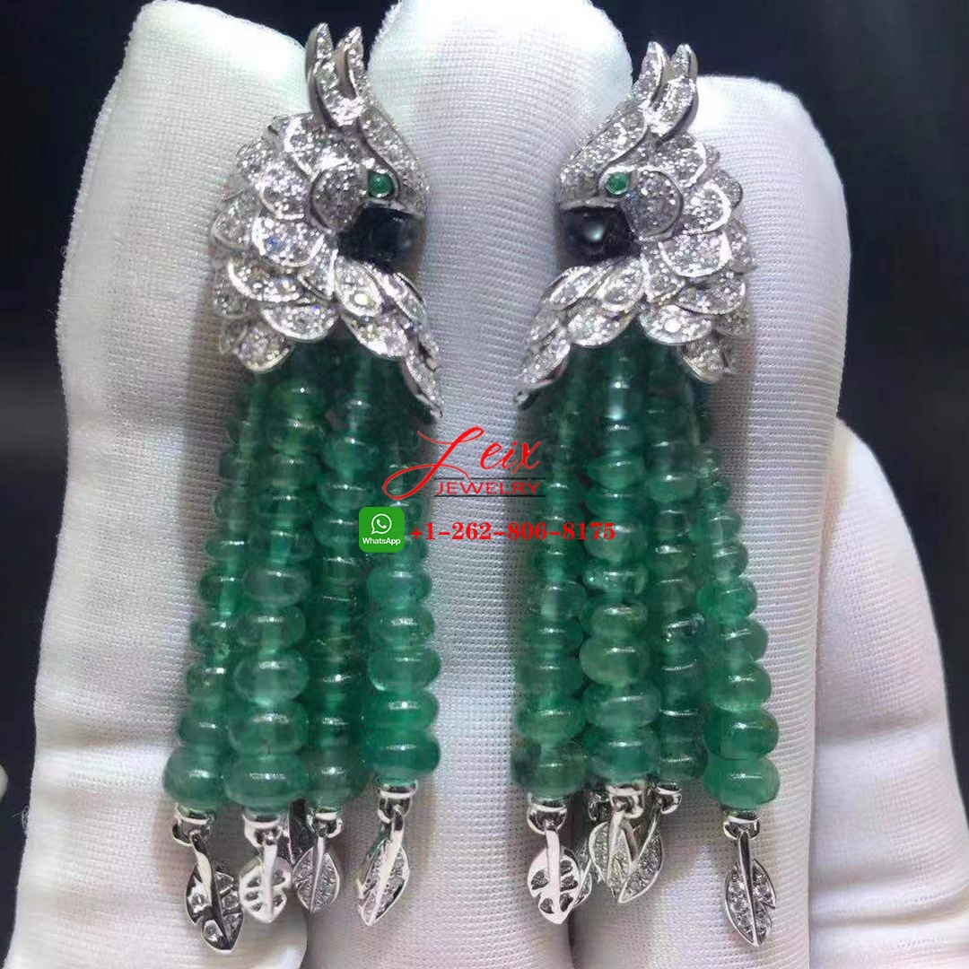 Cartier Les Oiseaux Liberes 18k White Gold Diamond Paved & Emeralds Parrot Tassels Earrings Cartier Les Oiseaux Liberes 18k White Gold Diamond Paved & Emeralds Parrot Tassels Earrings