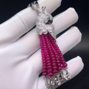 Cartier Les Oiseaux Liberes 18k White Gold Ruby Diamond Parrot Tassels Necklace
