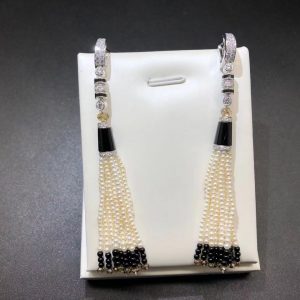 Cartier Platinum Geometry and Contrast Diamonds & Pearl Tassels Earrings