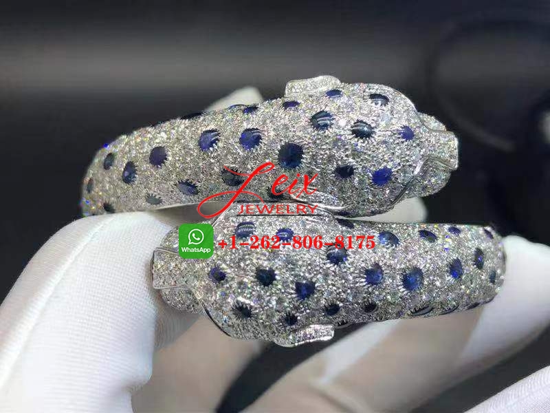 Cartier Platinum High Jewelry Sapphire, Emerald & Full Pave Diamond Two Panther Heads Bracelet (1) Cartier Platinum High Jewelry Sapphire, Emerald & Full Pave Diamond Two Panther Heads Bracelet