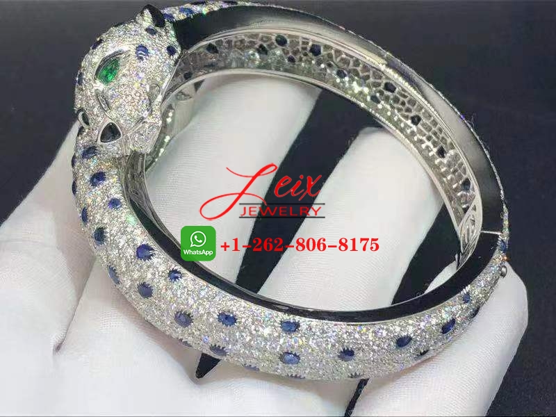 Cartier Platinum High Jewelry Sapphire, Emerald & Full Pave Diamond Two Panther Heads Bracelet (2) Cartier Platinum High Jewelry Sapphire, Emerald & Full Pave Diamond Two Panther Heads Bracelet