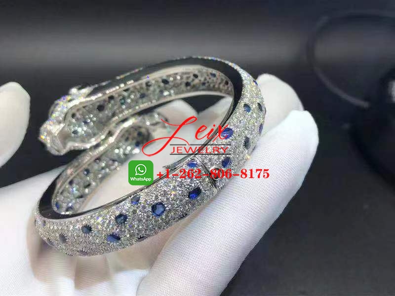 Cartier Platinum High Jewelry Sapphire, Emerald & Full Pave Diamond Two Panther Heads Bracelet (3) Cartier Platinum High Jewelry Sapphire, Emerald & Full Pave Diamond Two Panther Heads Bracelet