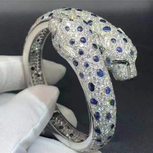 Cartier Platinum High Jewelry Sapphire, Emerald & Full Pave Diamond Two Panther Heads Bracelet