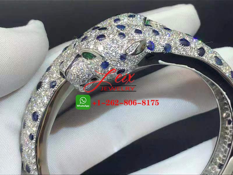Cartier Platinum High Jewelry Sapphire, Emerald & Full Pave Diamond Two Panther Heads Bracelet (4) Cartier Platinum High Jewelry Sapphire, Emerald & Full Pave Diamond Two Panther Heads Bracelet