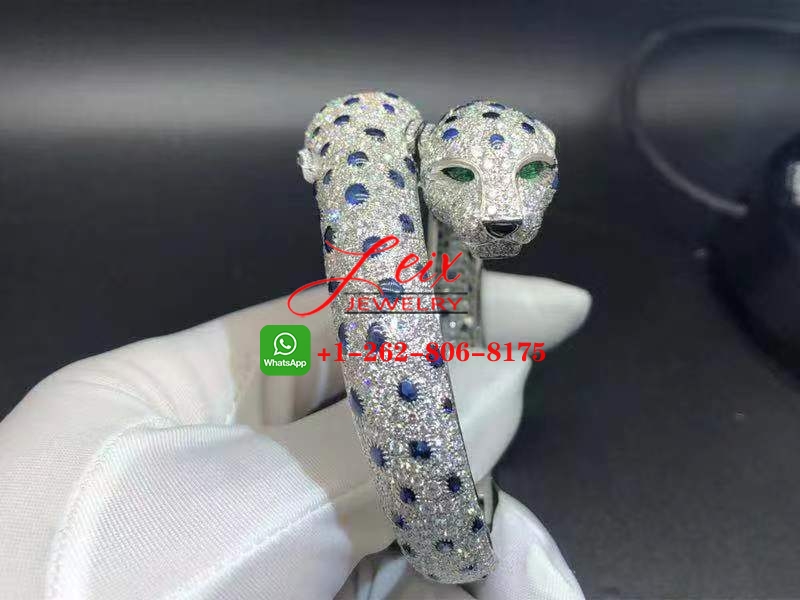 Cartier Platinum High Jewelry Sapphire, Emerald & Full Pave Diamond Two Panther Heads Bracelet (5) Cartier Platinum High Jewelry Sapphire, Emerald & Full Pave Diamond Two Panther Heads Bracelet