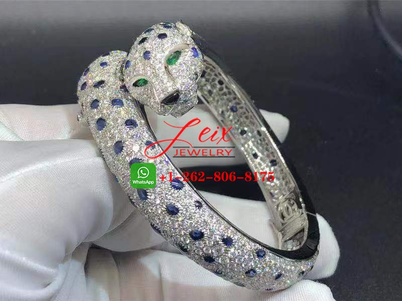 Cartier Platinum High Jewelry Sapphire, Emerald & Full Pave Diamond Two Panther Heads Bracelet (6) Cartier Platinum High Jewelry Sapphire, Emerald & Full Pave Diamond Two Panther Heads Bracelet