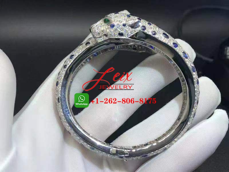 Cartier Platinum High Jewelry Sapphire, Emerald & Full Pave Diamond Two Panther Heads Bracelet (7) Cartier Platinum High Jewelry Sapphire, Emerald & Full Pave Diamond Two Panther Heads Bracelet