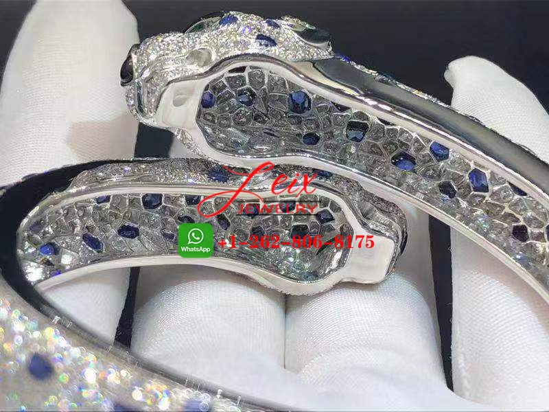 Cartier Platinum High Jewelry Sapphire, Emerald & Full Pave Diamond Two Panther Heads Bracelet (8) Cartier Platinum High Jewelry Sapphire, Emerald & Full Pave Diamond Two Panther Heads Bracelet