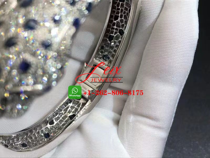 Cartier Platinum High Jewelry Sapphire, Emerald & Full Pave Diamond Two Panther Heads Bracelet (9) Cartier Platinum High Jewelry Sapphire, Emerald & Full Pave Diamond Two Panther Heads Bracelet