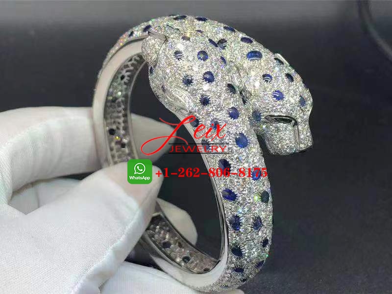 Cartier Platinum High Jewelry Sapphire, Emerald & Full Pave Diamond Two Panther Heads Bracelet Cartier Platinum High Jewelry Sapphire, Emerald & Full Pave Diamond Two Panther Heads Bracelet
