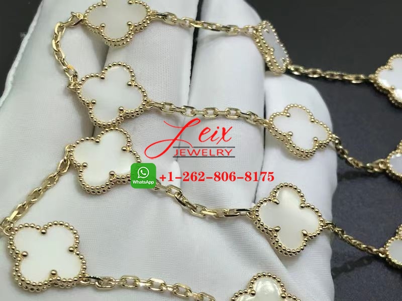 VCA 18k Yellow Gold Vintage Alhambra White Coral 20 Motif Long Necklace VCA 18k Yellow Gold Vintage Alhambra White Coral 20 Motif Long Necklace