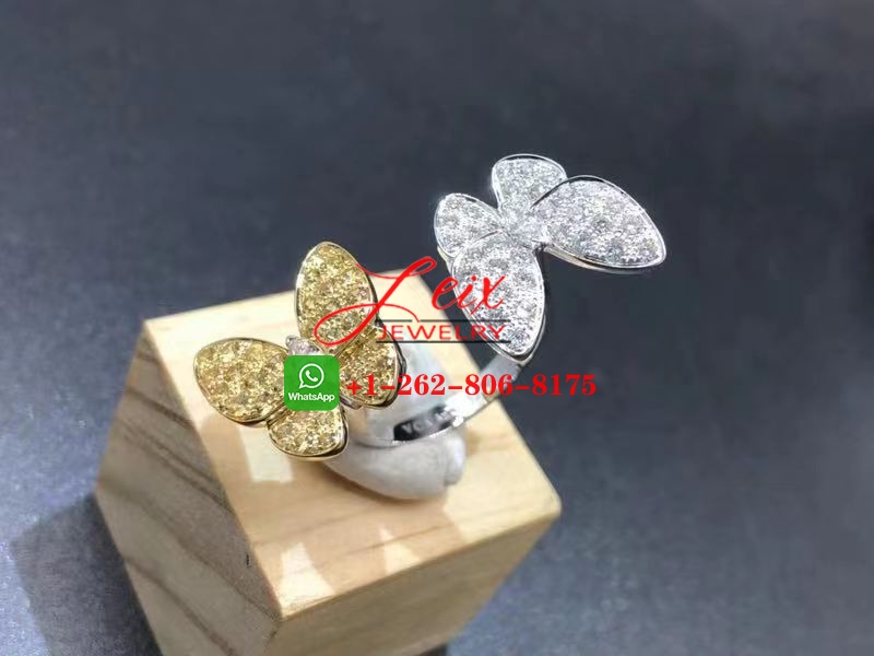 Van Cleef 18K White Gold Diamond & Sapphire Two Butterfly Between the Finger Ring