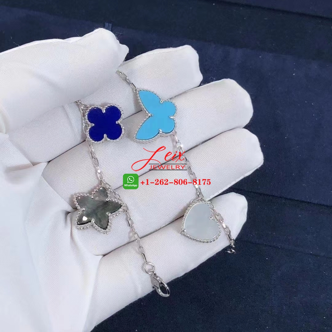 Van Cleef 18k White Gold Lapis Mother-of-Pearl and Turquoise 4 Motif Lucky Alhambra Bracelet (1) Van Cleef 18k White Gold Lapis Mother-of-Pearl and Turquoise 4 Motif Lucky Alhambra Bracelet