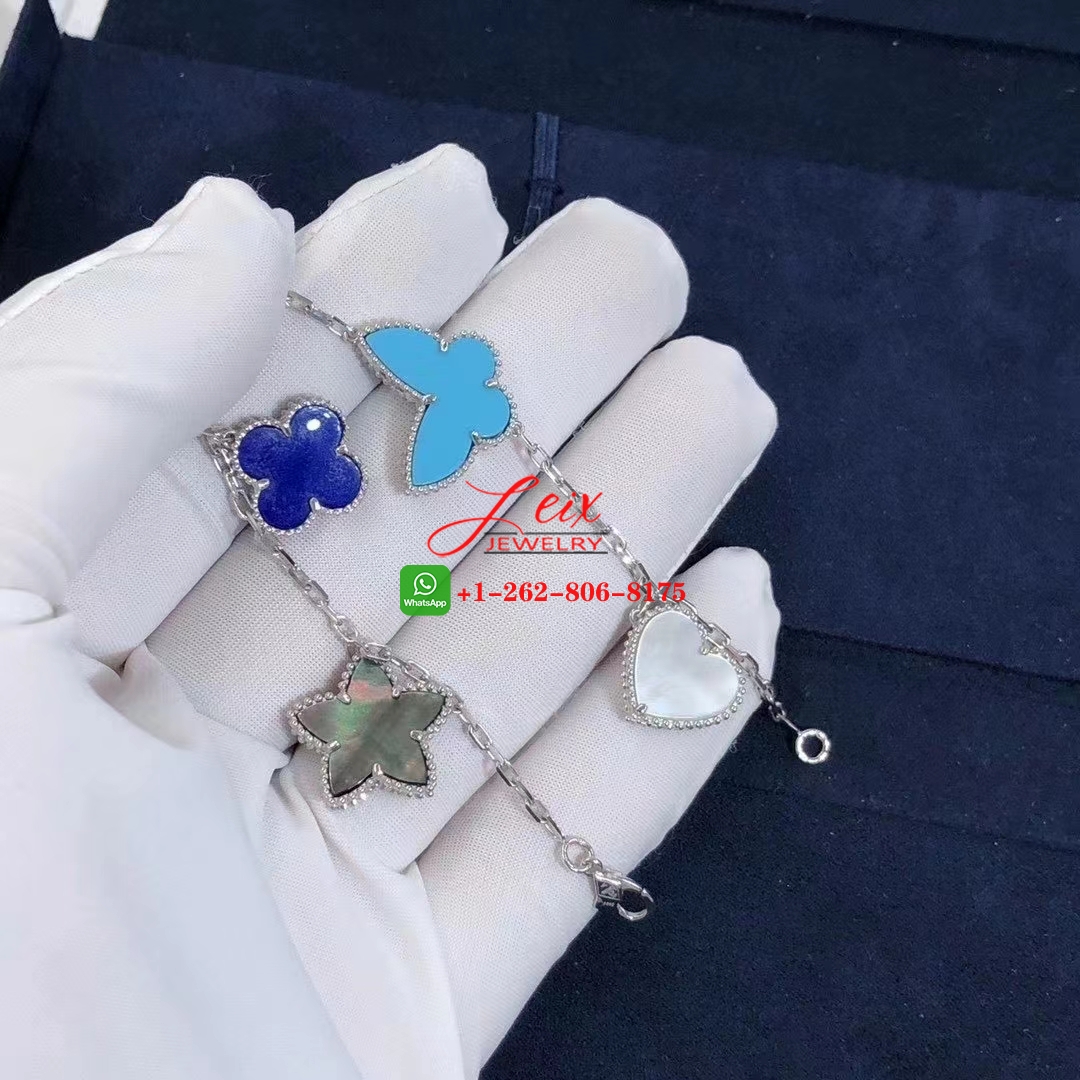 Van Cleef 18k White Gold Lapis Mother-of-Pearl and Turquoise 4 Motif Lucky Alhambra Bracelet (2) Van Cleef 18k White Gold Lapis Mother-of-Pearl and Turquoise 4 Motif Lucky Alhambra Bracelet