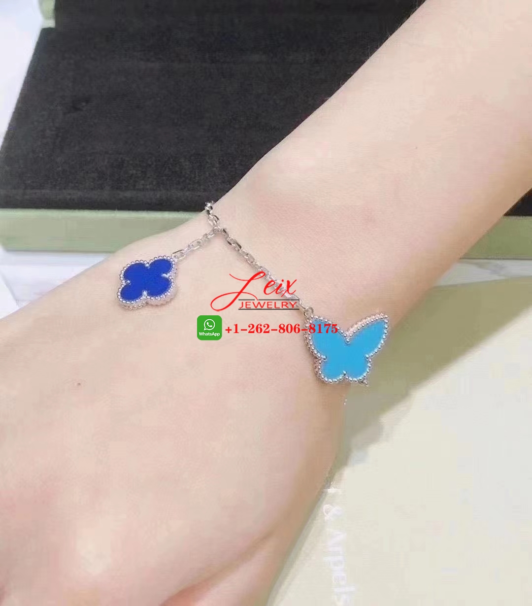 Van Cleef 18k White Gold Lapis Mother-of-Pearl and Turquoise 4 Motif Lucky Alhambra Bracelet (3) Van Cleef 18k White Gold Lapis Mother-of-Pearl and Turquoise 4 Motif Lucky Alhambra Bracelet
