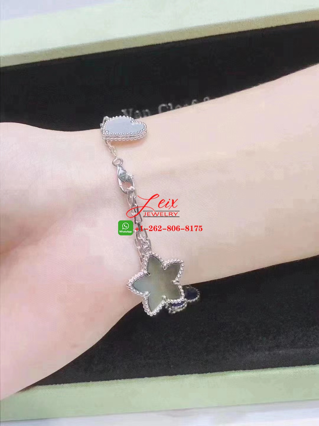Van Cleef 18k White Gold Lapis Mother-of-Pearl and Turquoise 4 Motif Lucky Alhambra Bracelet (4) Van Cleef 18k White Gold Lapis Mother-of-Pearl and Turquoise 4 Motif Lucky Alhambra Bracelet