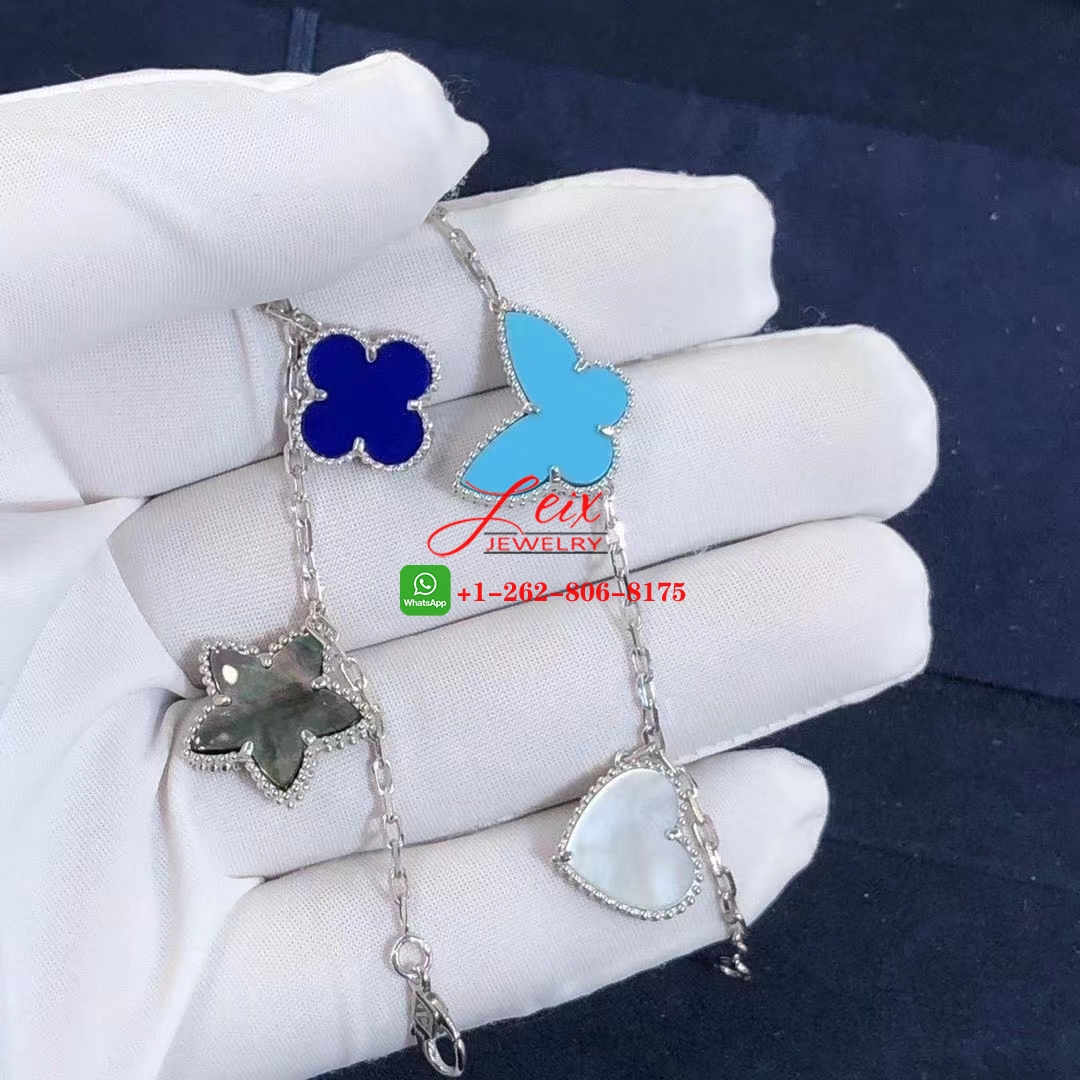 Van Cleef 18k White Gold Lapis Mother-of-Pearl and Turquoise 4 Motif Lucky Alhambra Bracelet (5) Van Cleef 18k White Gold Lapis Mother-of-Pearl and Turquoise 4 Motif Lucky Alhambra Bracelet
