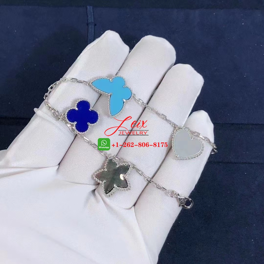 Van Cleef 18k White Gold Lapis Mother-of-Pearl and Turquoise 4 Motif Lucky Alhambra Bracelet Van Cleef 18k White Gold Lapis Mother-of-Pearl and Turquoise 4 Motif Lucky Alhambra Bracelet