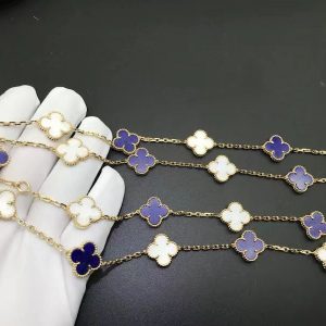 Van Cleef 18k Yellow Gold Lapis Lazuli and White Coral 20 Motif Vintage Alhambra Long Necklace
