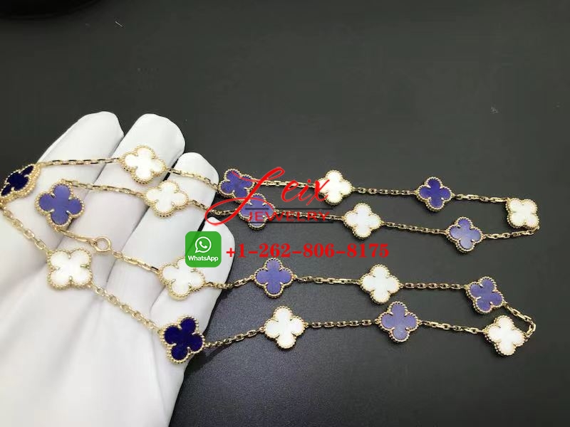Van Cleef 18k Yellow Gold Lapis Lazuli and White Coral 20 Motif Vintage Alhambra Long Necklace Van Cleef 18k Yellow Gold Lapis Lazuli and White Coral 20 Motif Vintage Alhambra Long Necklace