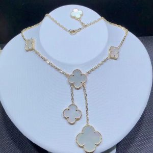 Van Cleef 18k Yellow Gold Magic Alhambra 6 Motif Mother Of Pearl Necklace